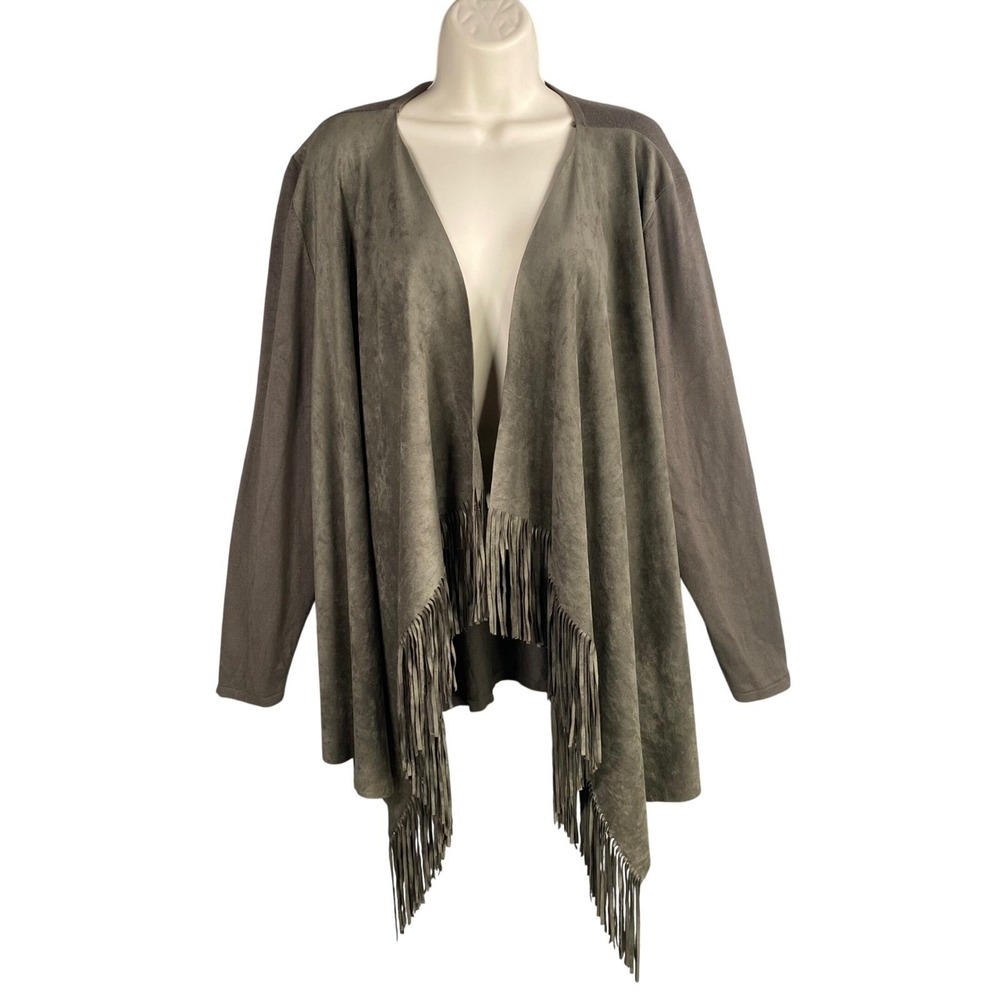 INC Fringed Open Front Cardigan Womens 2X Olive Green Faux Suede Boho Western